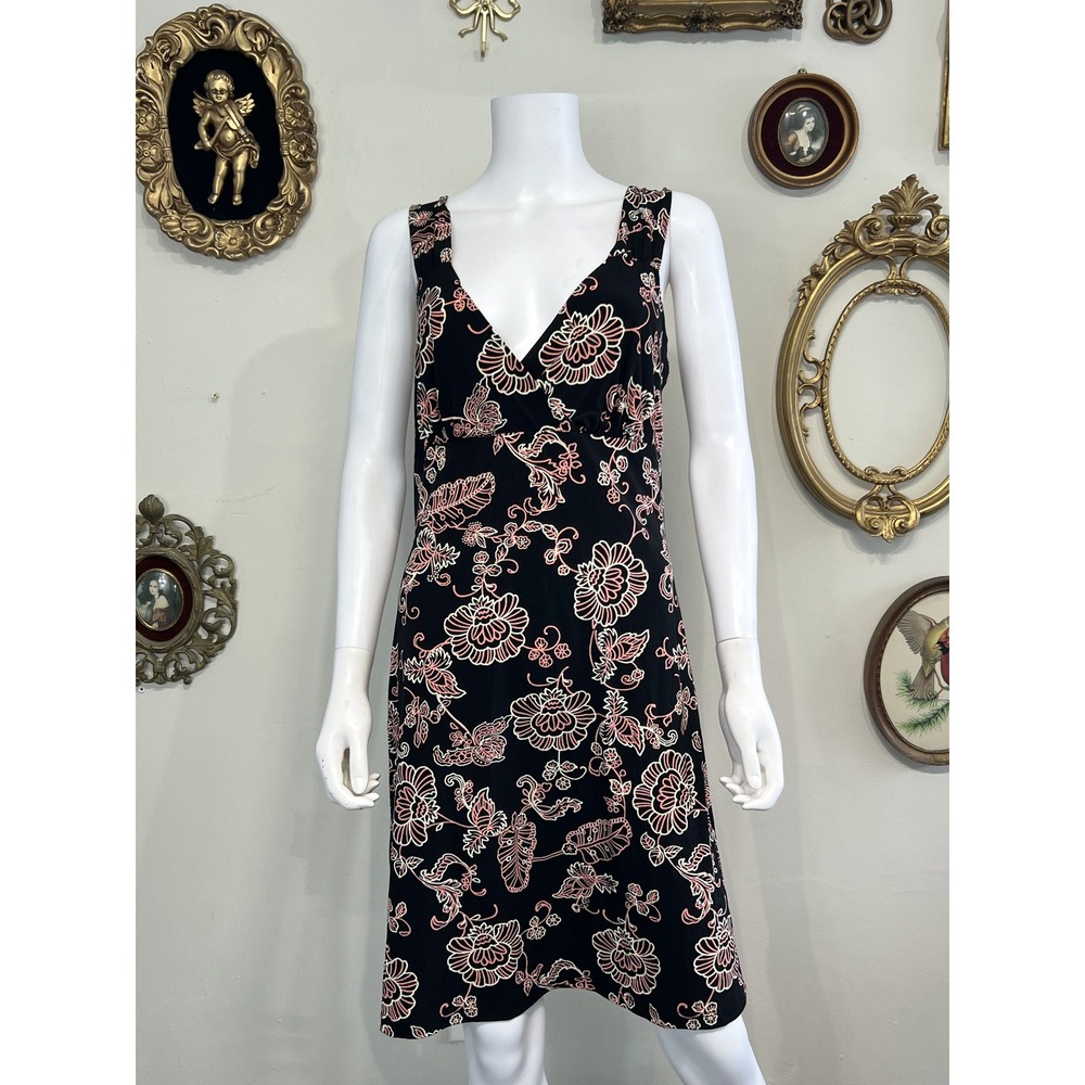 Vintage Y2K Fashion Bug Black Outlined Floral Foliage Print Midi Dress Size M